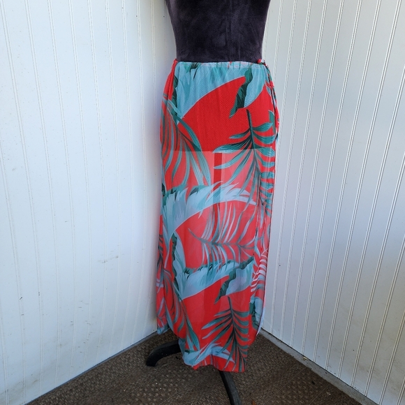 Women’s Beach Swimsuit Cover Up Skirt Stretch Hawaiian Palm Orange Green Tie M - Picture 1 of 11